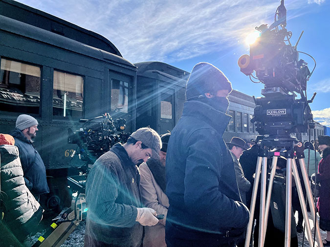 The crew filming outside the Butte depot on a cold November afternoon The crew filming outside the Butte depot on a cold November afternoon