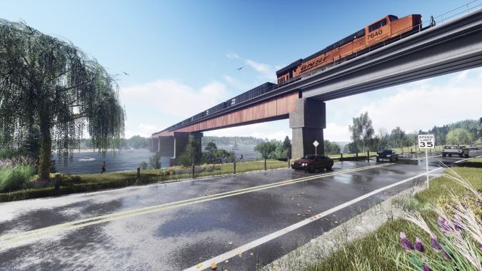 Another rendition of the new bridge (Bismarck side) featuring River Road in the foreground Another rendition of the new bridge (Bismarck side) featuring River Road in the foreground