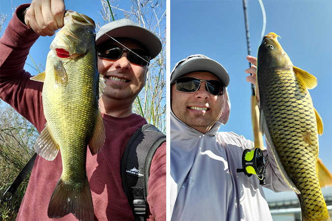 Tumbas with two fish he caught while fly-fishing. Tumbas with two fish he caught while fly-fishing.
