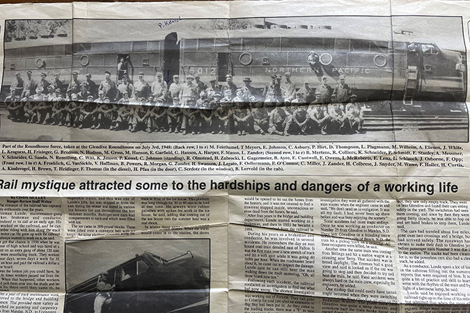 Newspaper clipping featuring some of the Glendive roundhouse workers on July 3, 1948 Newspaper clipping featuring some of the Glendive roundhouse workers on July 3, 1948