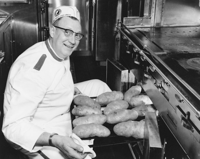 This photo was taken in 1957 to promote the new dining cars on the North Coast Limited after the Great Big Baked Potato was nearing its golden anniversary. This photo was taken in 1957 to promote the new dining cars on the North Coast Limited after the Great Big Baked Potato was nearing its golden anniversary.