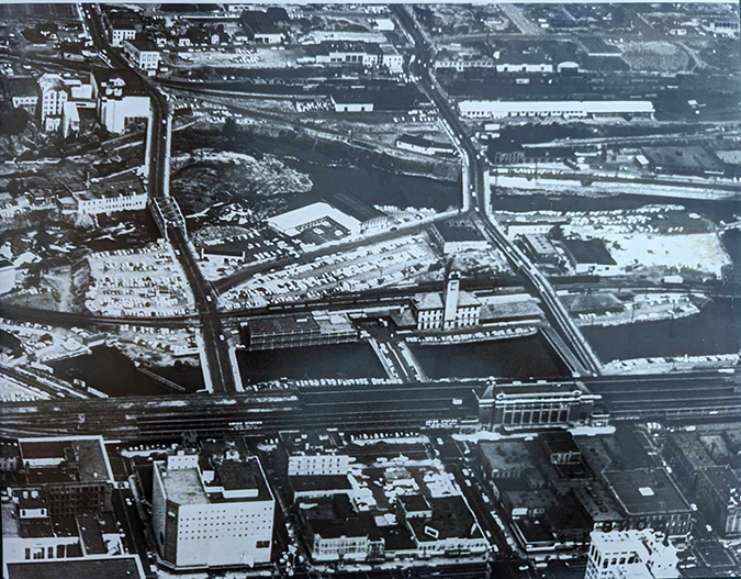 Photo of the historic rail yard prior to the land exchange and demolition of the existing depot. Photo of the historic rail yard prior to the land exchange and demolition of the existing depot.