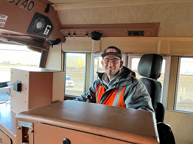 Ben Hornbeck in the locomotive engineer seat. Ben Hornbeck in the locomotive engineer seat.